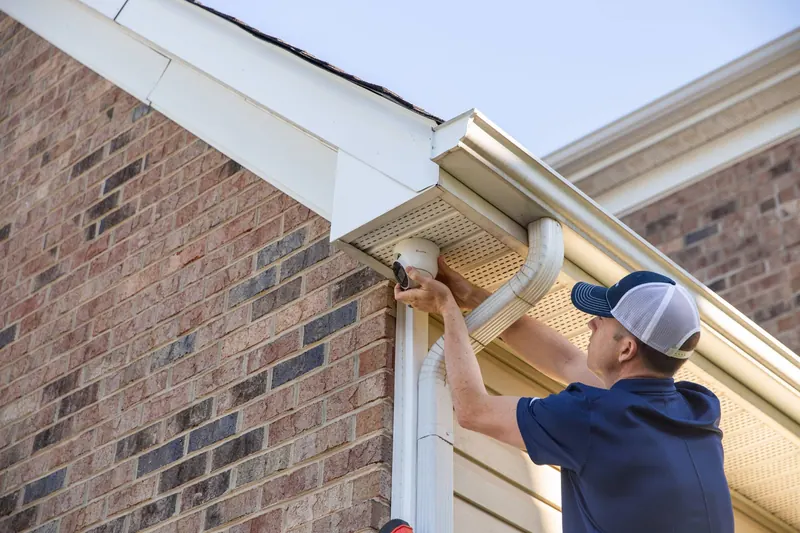 A technician installing a security camera on a house
