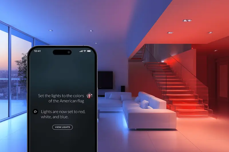 A living room lit in red and blue scene lighting, controlled from a phone