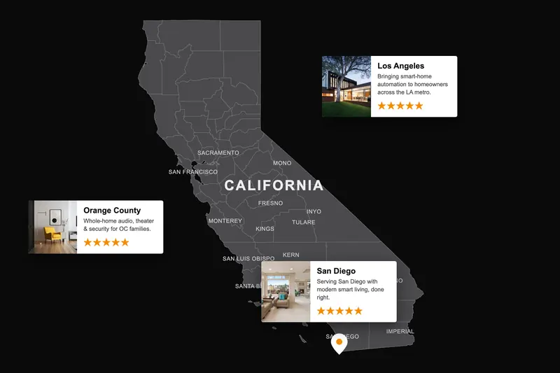Map of California showing Los Angeles, Orange County and San Diego