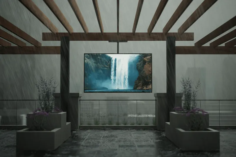 An outdoor TV on a rooftop deck