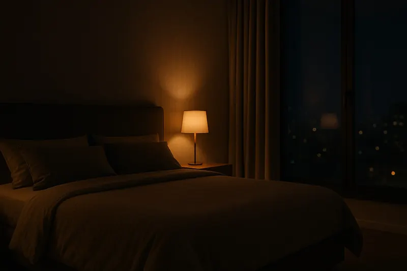 Goodnight: One press by the bed locks every door, arms the cameras, eases the temperature down, and leaves a single soft path of light to the bedroom.