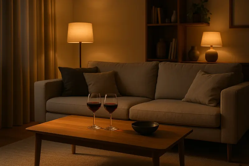 Company’s coming: One tap lifts the whole main floor — warm light across the great room and kitchen, music in both zones, and the porch and path lit for arrivals.