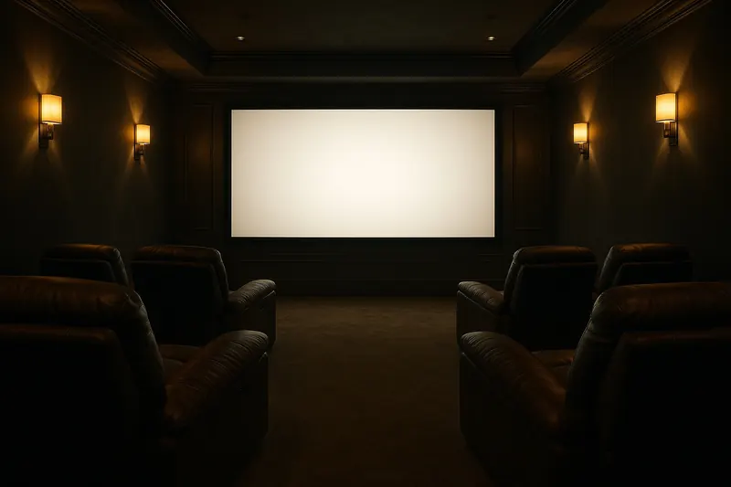 Movie night: The screen wakes, the ceiling lights sink to a glow, the shades seal out the daylight, and the sound system takes the room.