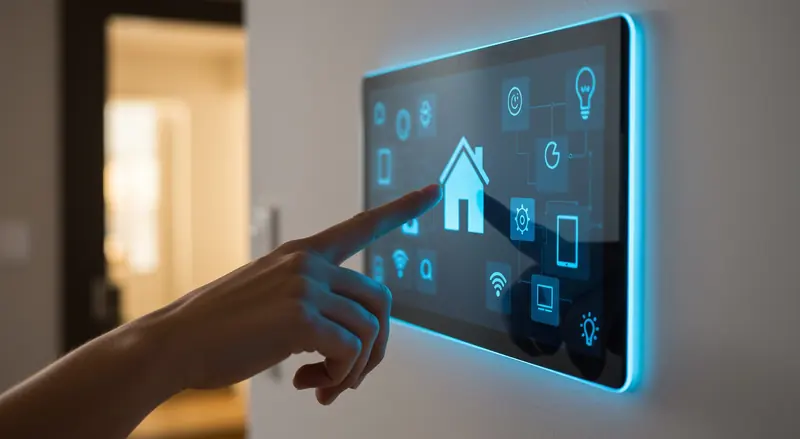 A hand touching a glowing smart home control panel